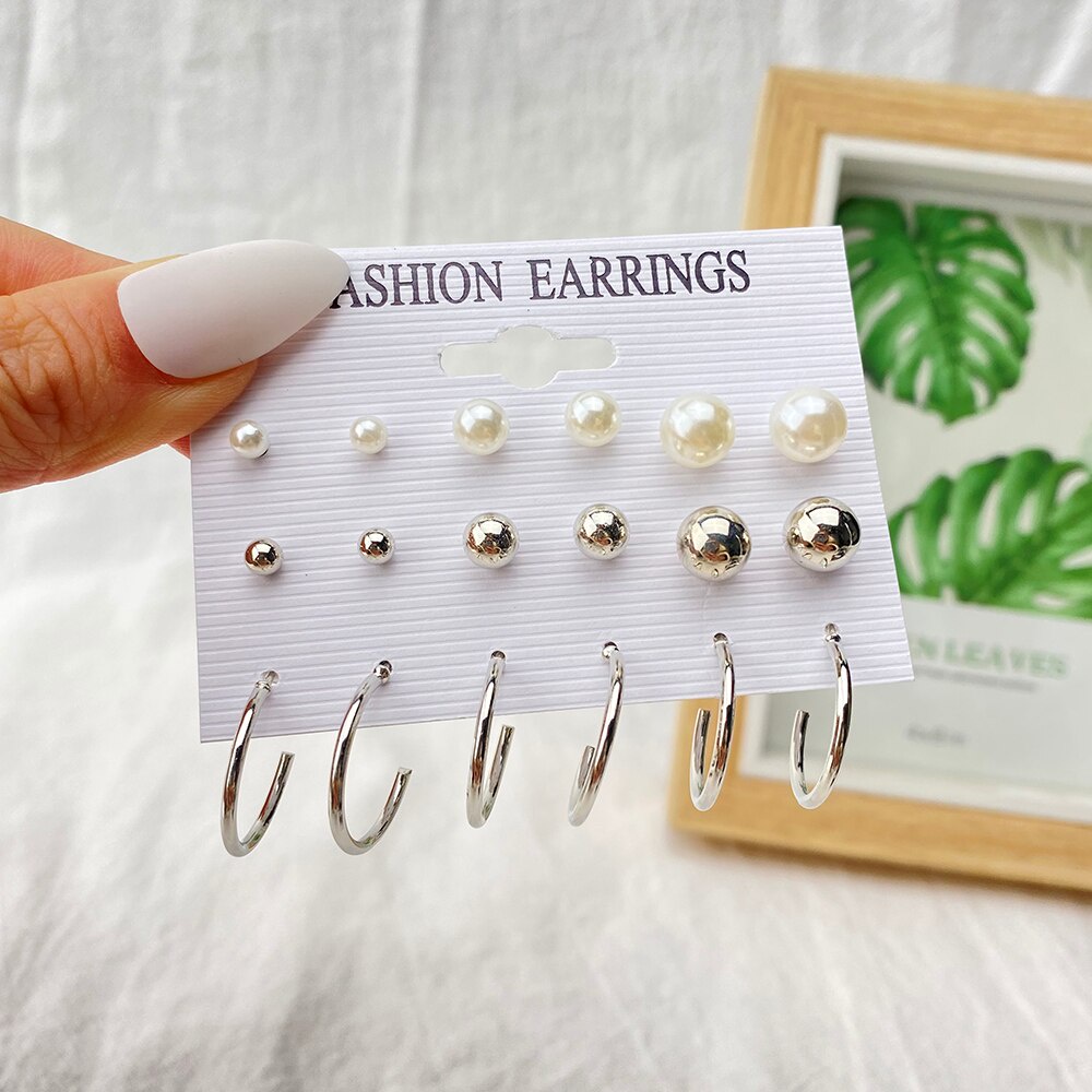 12pcs / Set Anting Tusuk Silver Hias Kristal / Cubic Zircon / Mutiara Untuk Wanita