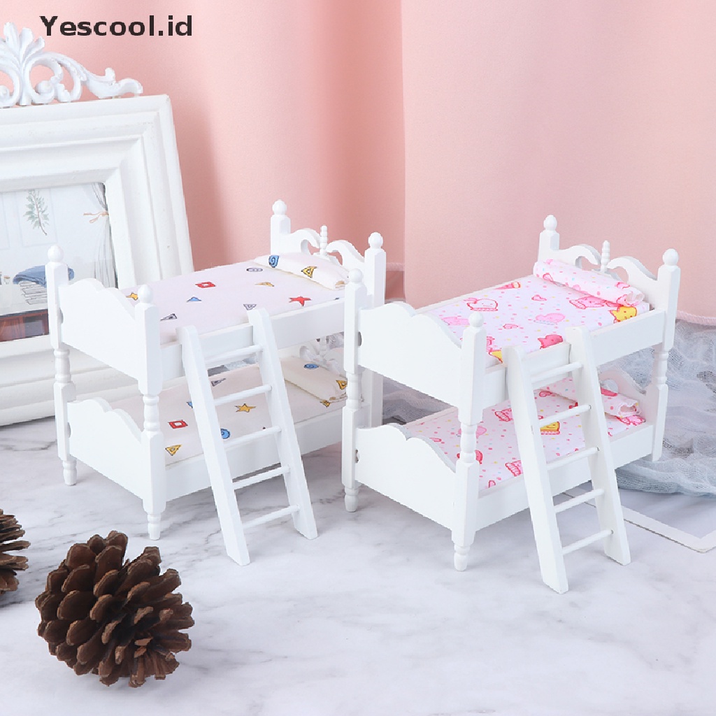 【Yescool】 1:12 Dollhouse Kids Mini Bunk Bed Toy Bedroom Model for Children Doll Accessery .