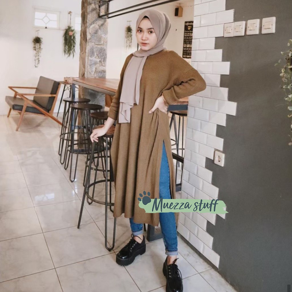 Atasan Baju Wanita Tunik Sweater Belah Pinggir Warna Bronze