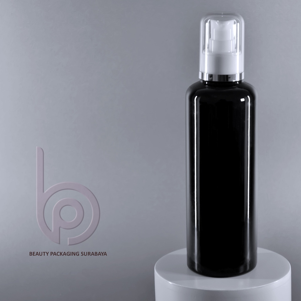 Botol plastik PET 250ml BR hitam tutup pump treatment fc list