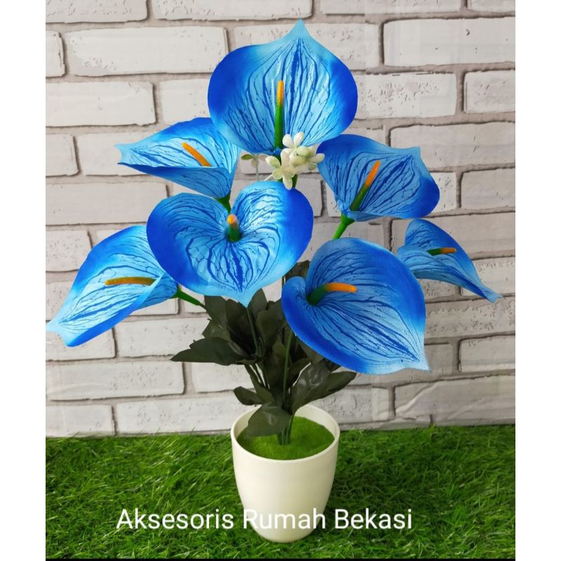 Set bunga plastik anthurium/bunga lilly/bunga Aron panda dengan pot lumut melamin bulat-5