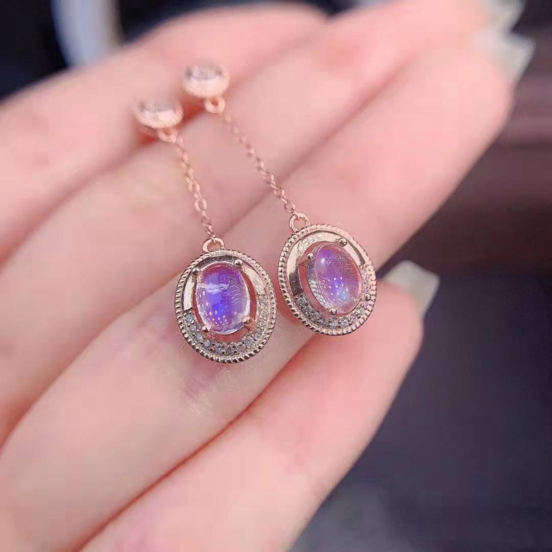 Anting Drop Panjang Desain Moonstone Gaya Korea Minimalis Warna Rose Gold Untuk Wanita