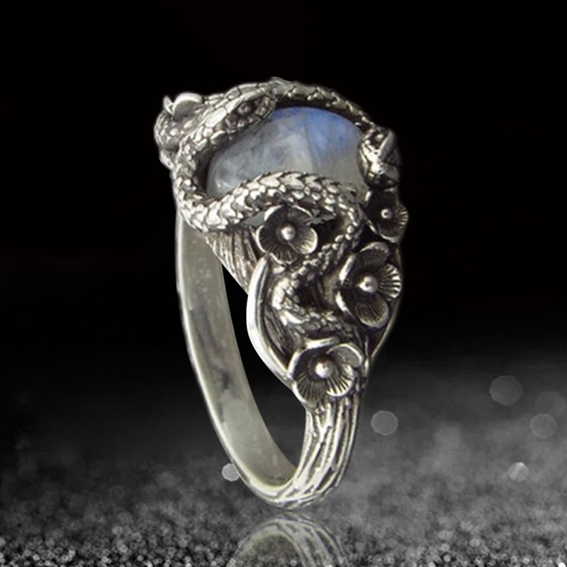 Cincin Desain Ular Ganda Aksen Batu Bulan Gaya Vintage Punk Untuk Pria Dan Wanita