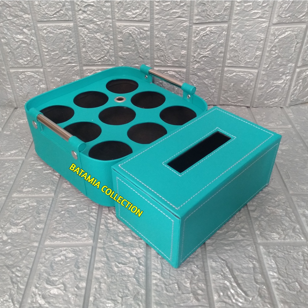 Tempat Air Mineral Gelas Dan Botol Isi 9 + Wadah Tisu Kotak Tissue Kulit Sintetis Tempat Aqua Gelas 