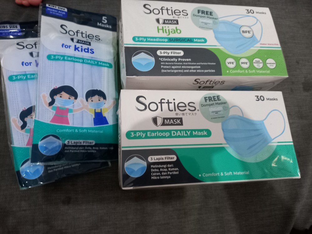 Masker Softies 3ply Isi 5pc Daily Kids Anak Hijab Pink Biru Earloop Head Loop Batik Parang Japanese