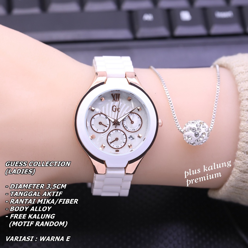 JAM TANGAN WANITA GC RANTAI MIKA BODY BULAT TANGGAL AKTIF FREE KALUNG