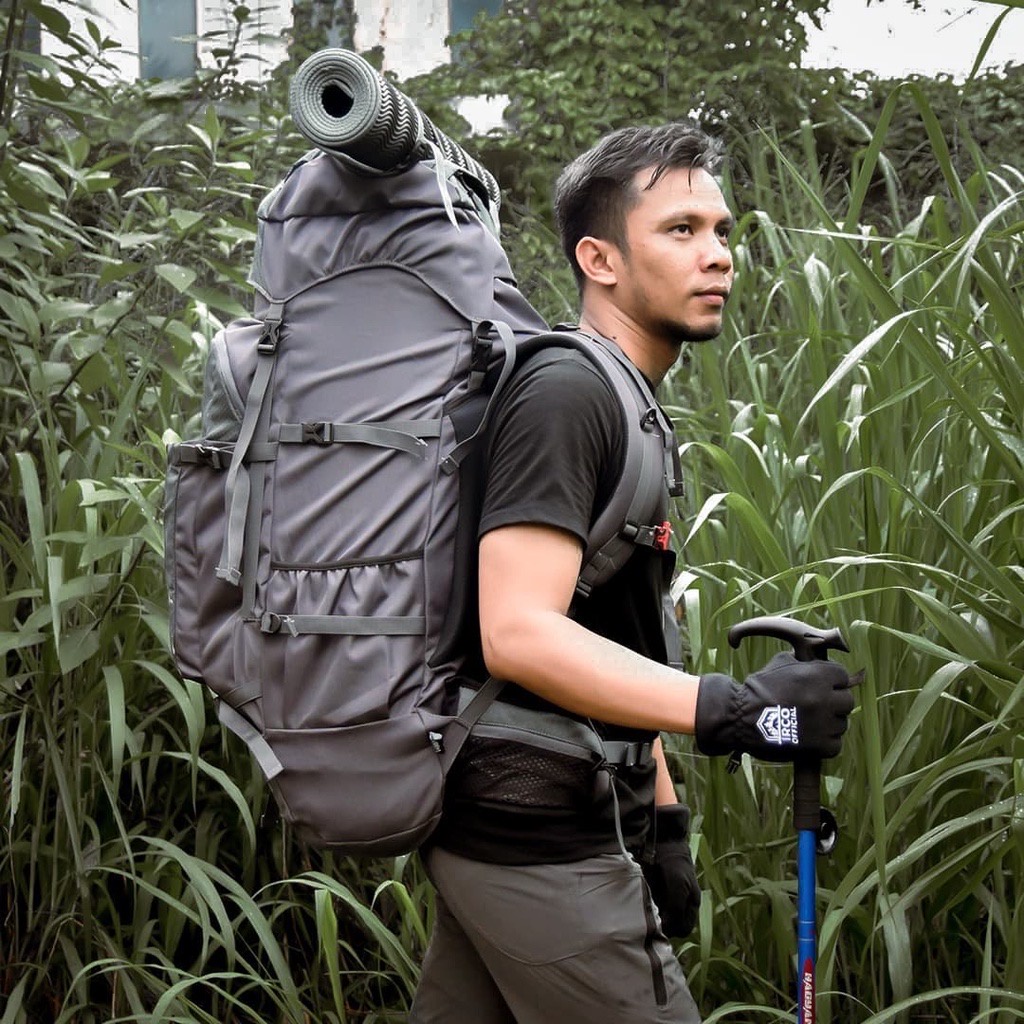 Tas Ransel Carrier Gunung Outdoor Hiking 60 Liter Pria dan Wanita Free Rain Cover - Irco Ksatria Abu-abu