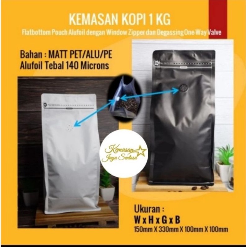 Kemasan Kopi Flat Bottom Import 1 kg zipper n valve.flat bottom hitam putih.kemasan kopi.flat bottom