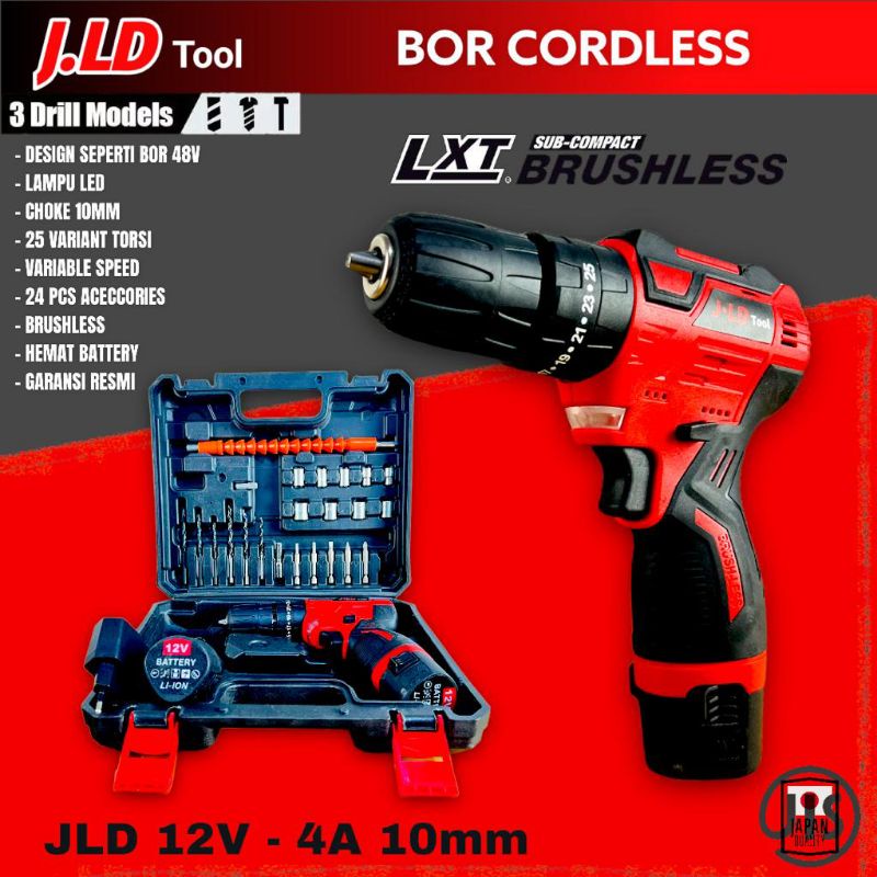 Bor cordless JLD 12V BRUSHLESS premium edition 10mm mesin bor baterai super kuat