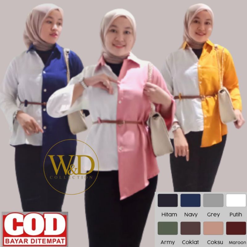 Kemeja Wanita Atasan Blouse Casual Polos Kombinasi 2 Warna Lengan Panjang Model Gesper Bahan Moscrepe