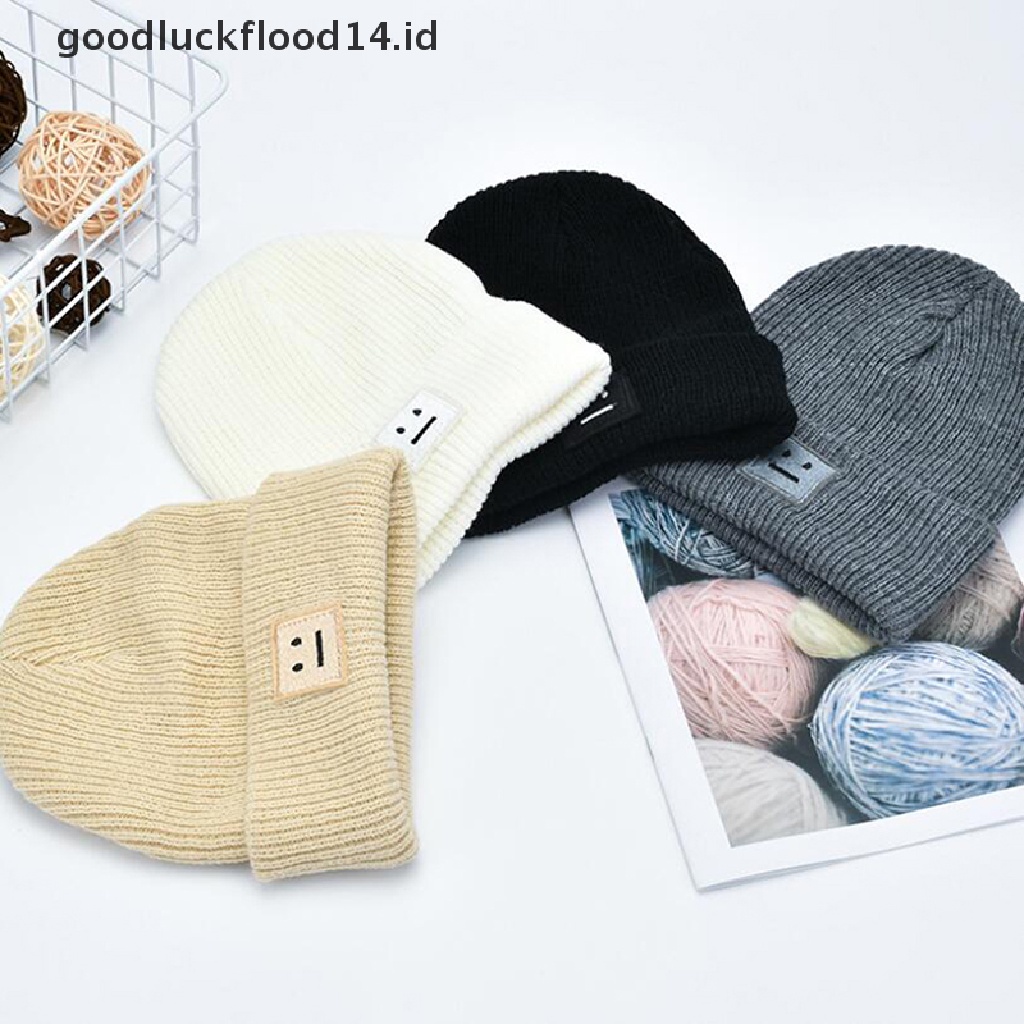 [OOID] Cute Smiling Face Label Winter Knit Embroidery Hat Unisex Adult Beanie Outdoor ID