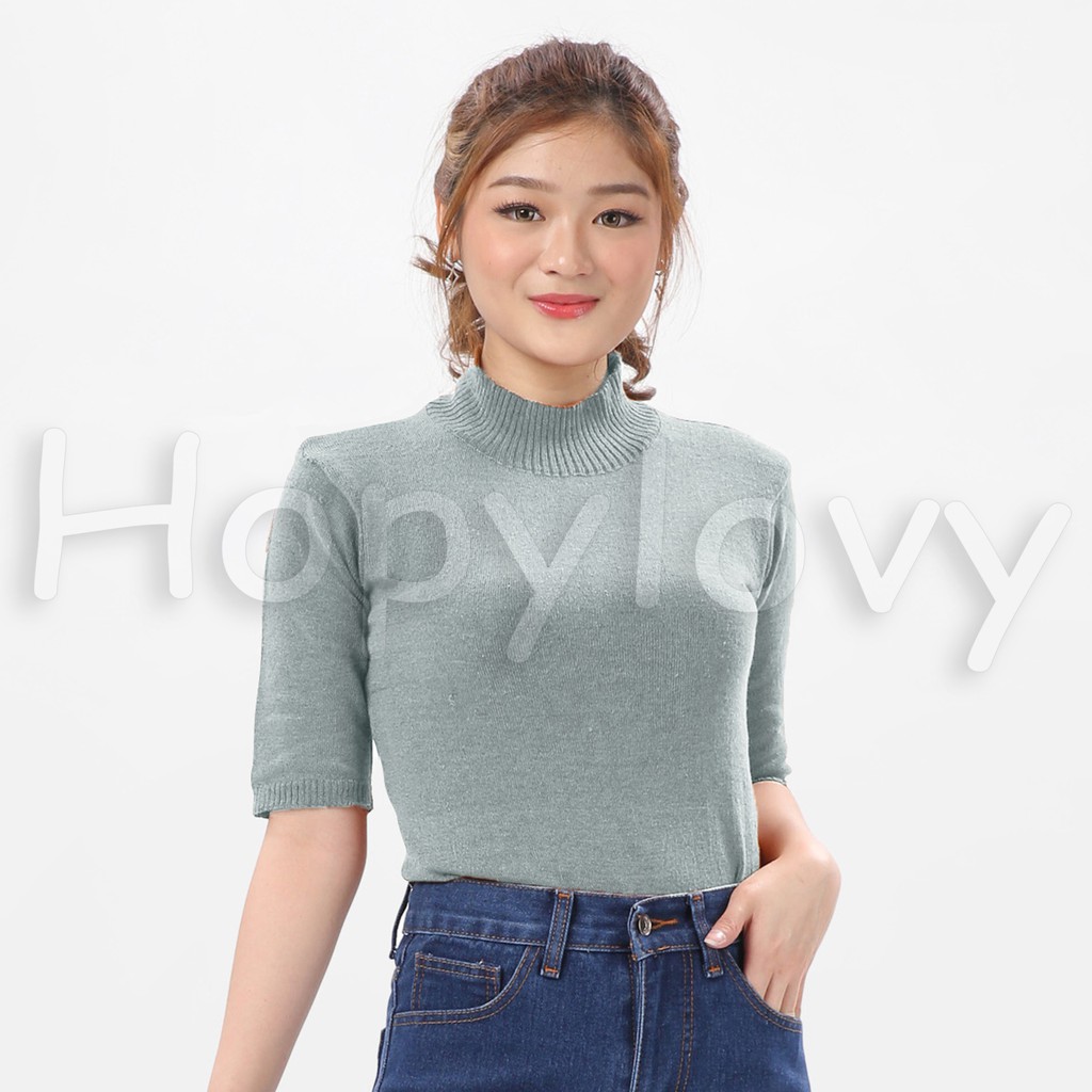 HOPYLOVY Blouse Rajut Turtleneck Wanita Lengan 3 per 4 Rafika-ABU