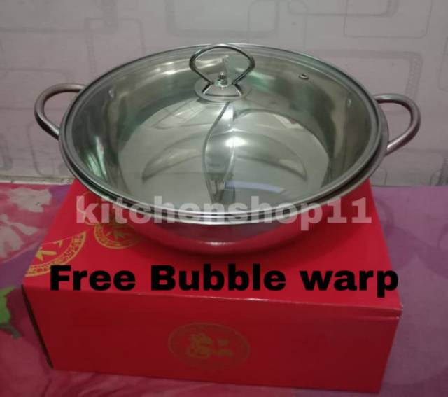 Panci Shabu Shabu 28cm / panci sekat 2 tutup kaca / Suki pan 28cm / hot pot tutup kaca 28cm