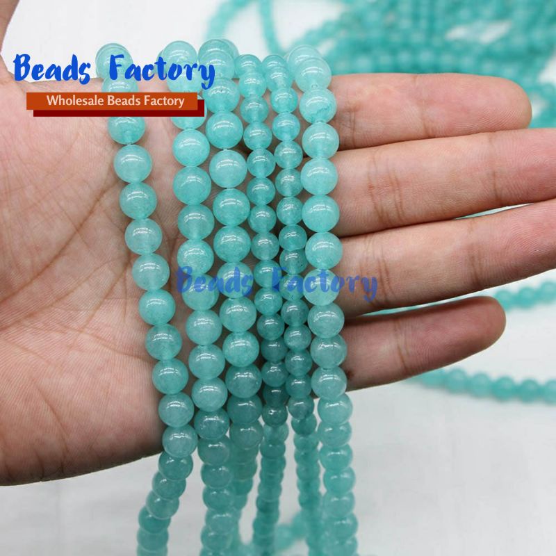 Gelang Manik-Manik Batu Aquamarine Alami Bentuk Bulat Ukuran 4-12mm untuk Kalung DIY