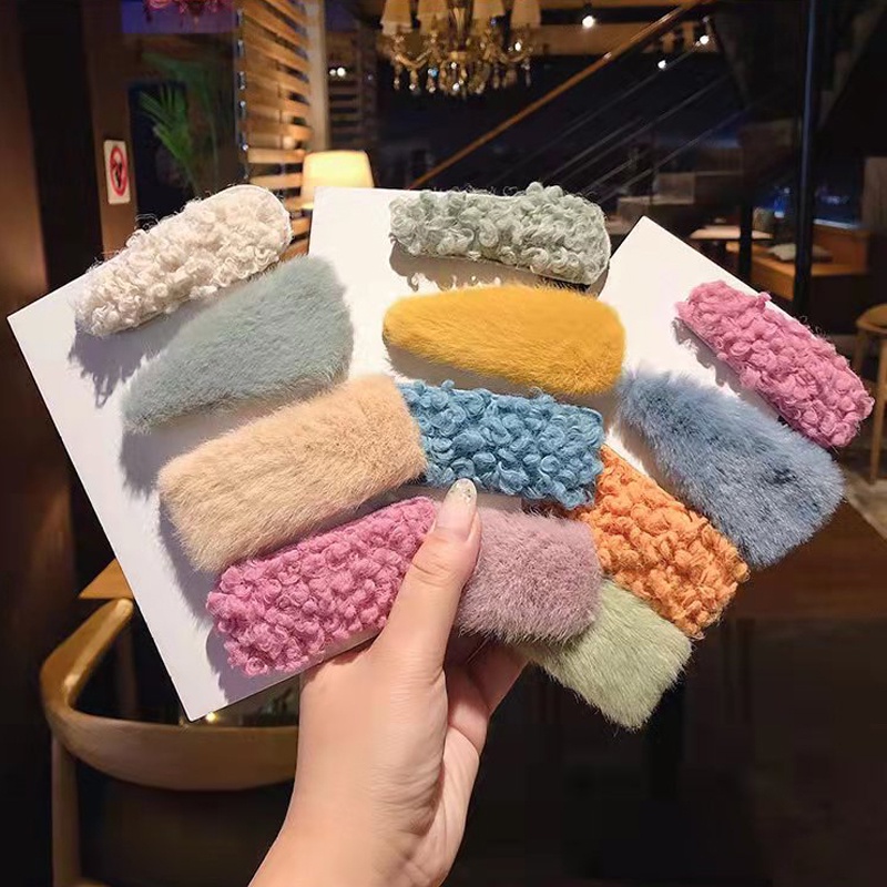（3pcs）Jepit Rambut Set Bulu Warna-Warni - Hairclip Kotak Segitiga Korean Fashion