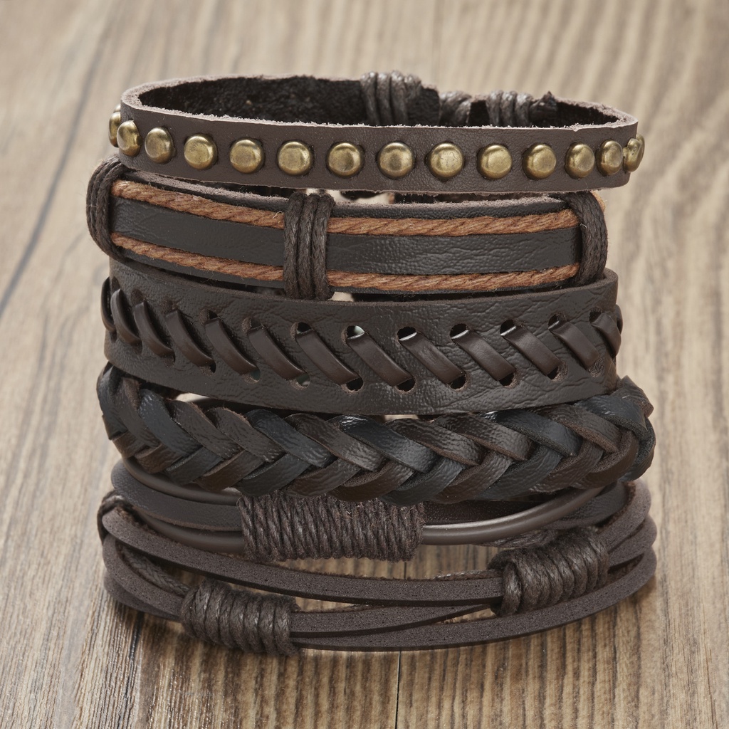 Men's Multilayer Braided Bracelet Feather Dot Cross Wrap Bracelet Leather Combination Bracelet Set