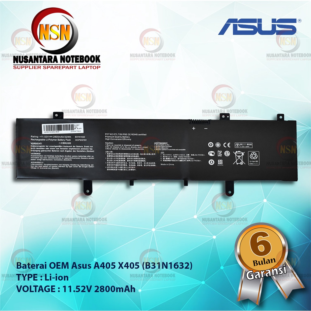 Baterai OEM Asus B31N1632 For Asus A405 X405 11.52V 2600mAh