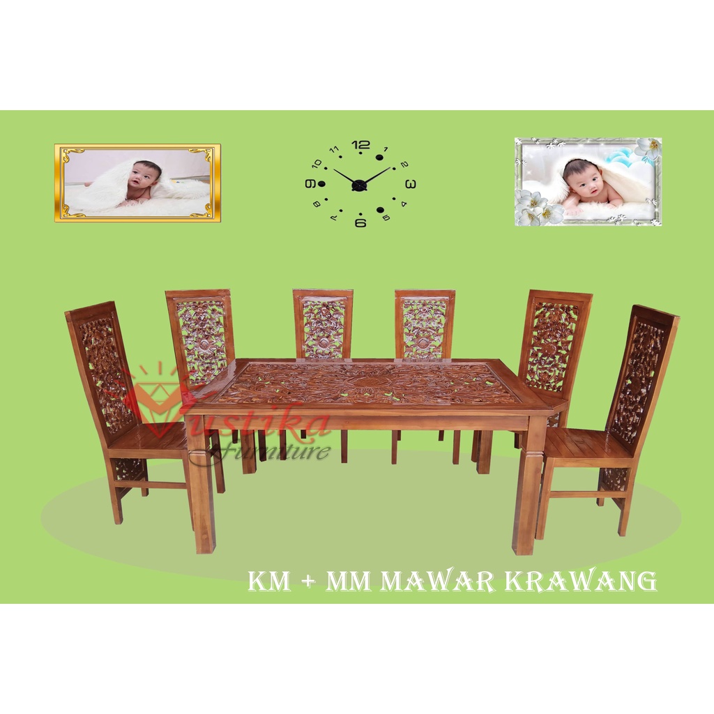 Diningset 6 Kursi | Meja Makan Kayu Jati Jepara ~ Mawar Krawang