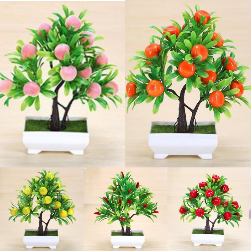 BUNGA PLASTIK TANAMAN BUAH -SAYUR + POT BUNGA DECORATION CHILI ORANGE PEACH ARTIFICIAL-8