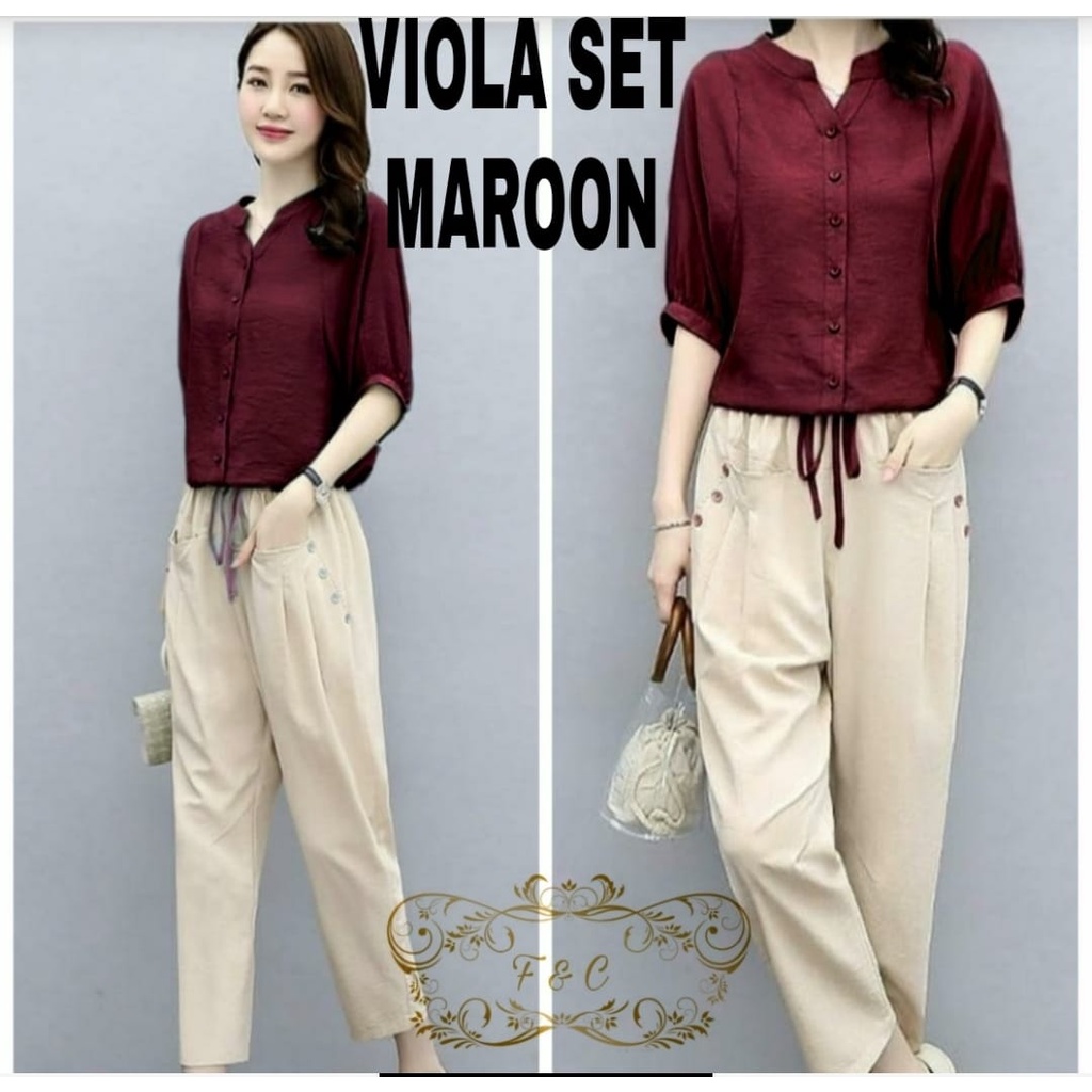 SET VIOLA FASHION PAKAIAN WANITA SETELAN ATASAN DAN CELANA BAHAN MOSCREPE FEHM