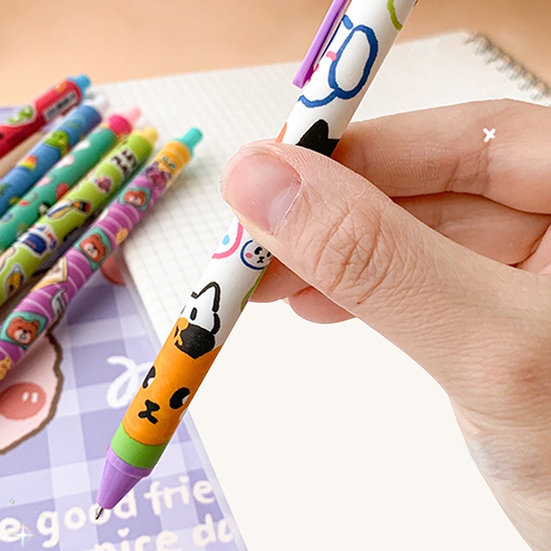 6pcs Pulpen Gel Tinta Hitam 0.5mm Motif Kartun Warna-Warni Untuk Pelajar