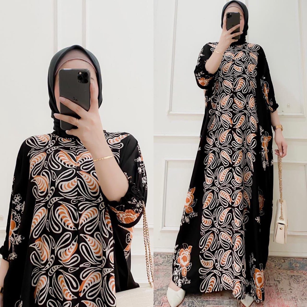 Batik A W - Lestari Kaftan Batik Wanita Jumbo XXXXL Motif Cap Sogan Busui Resleting Lengan 3/4 Rayon Tebal Gamis Rayon Jumbo Kaftan