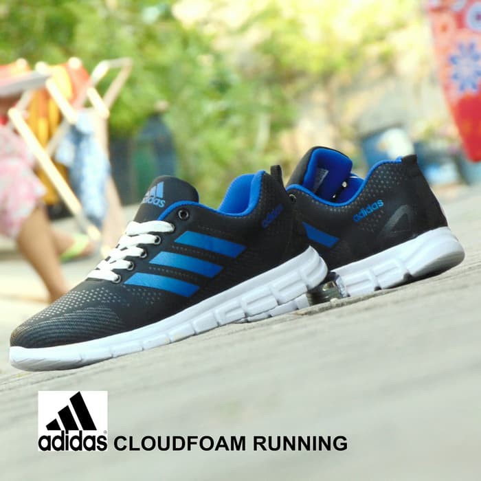 NYAMAN Sepatu Sport Adidas Cloudfoam Running - Biru Hitam - Gym Lari Casual