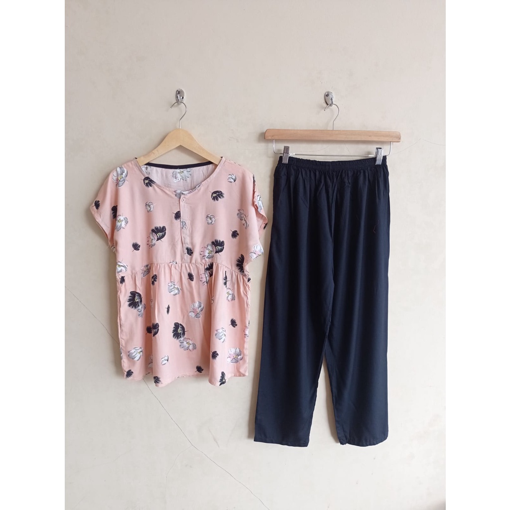 SETELAN BAJU TIDUR PIYAMA WANITA ONE SET PAJAMAS RUFFLE KANCING BUSUI CELANA PANJANG-BBR 24