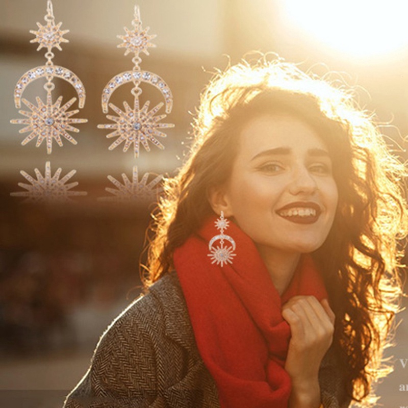 Anting Bentuk Matahari Bulan Bintang Aksen Berlian Imitasi Gaya Vintage Boho Untuk Wanita