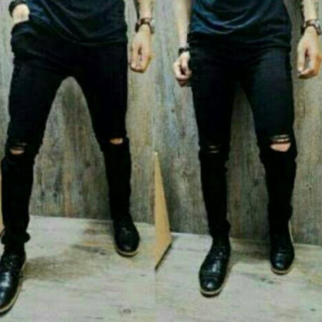 Jeans sobek pria celana jeans hitam sobek lutut pria ripped jeans street slimfit