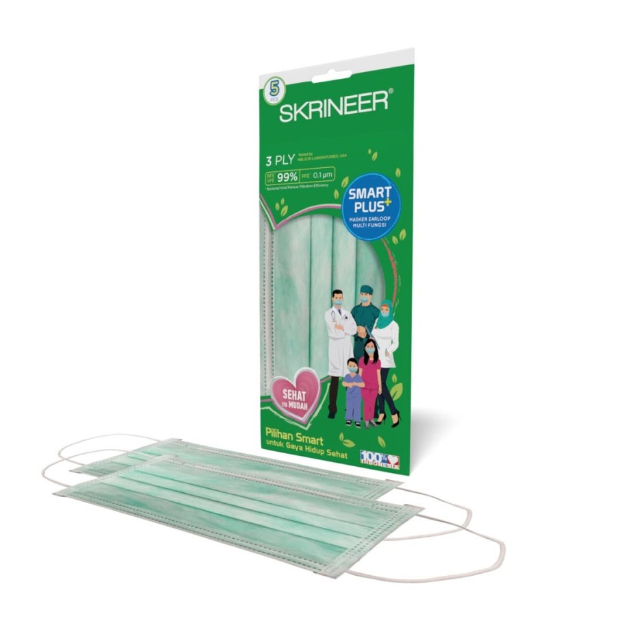 (Isi 5 pcs 3 ply) Skrineer Smart Plus Masker 3 Ply Earloop Green / Masker Kesehatan