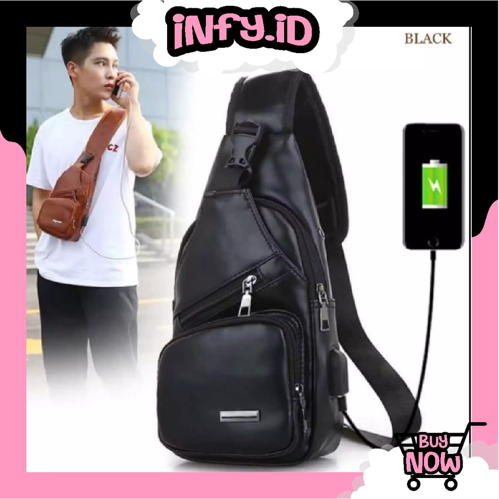 INFY - Tas Selempang Kulit Pria HP USB Port Slingbag Slempang Dada Shoulder Fashion P039 Import