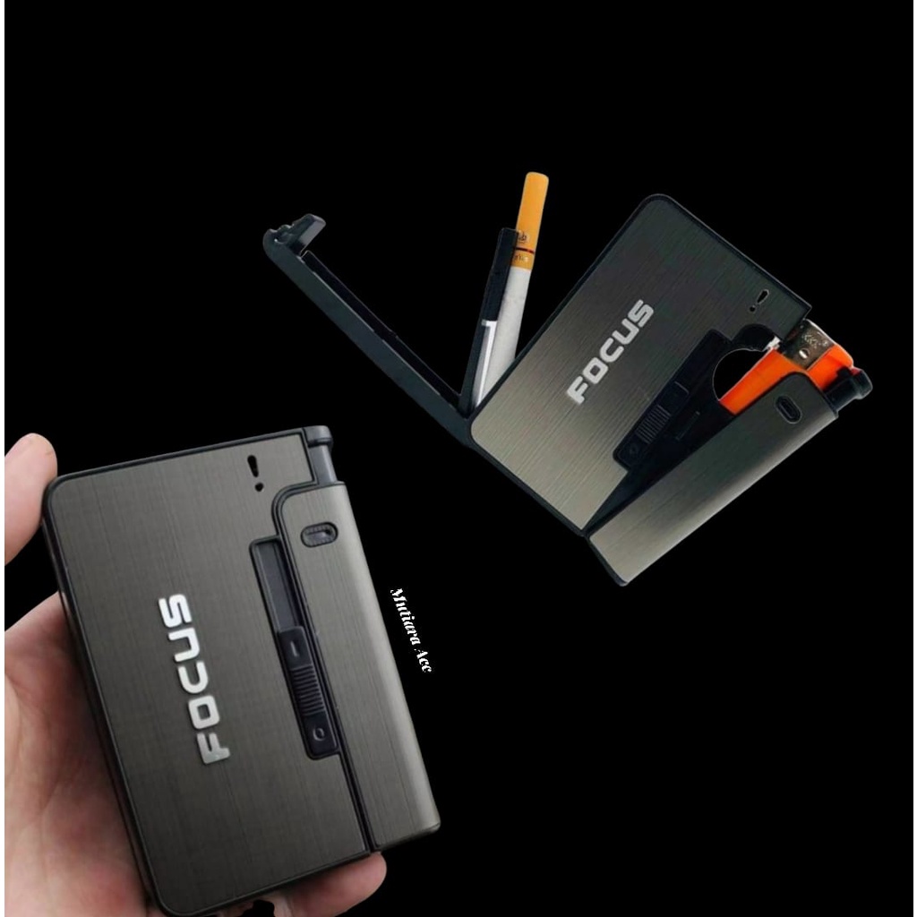 Kotak Tempat Rokok Focus 001 Metal Case With Lighter Korek Api Slot