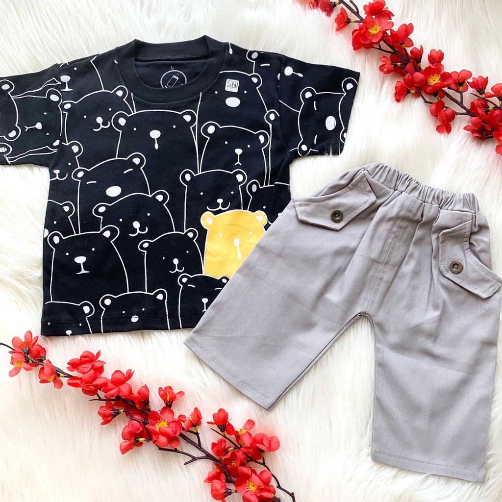 Setelan kaos + celana chino tebal motif lucu kekinian keren fashion anak bayi laki cowok murah -CHO