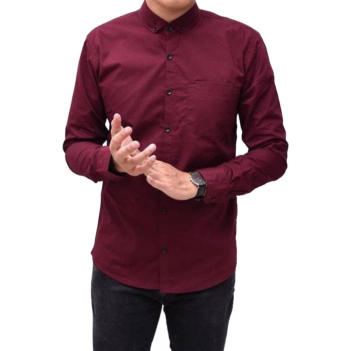 Kemeja Formal Pria Polos Lengan Panjang Bahan Katun - Maroon