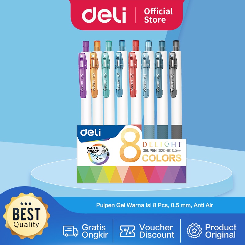 

Deli Color Gel Pen / Pulpen Gel Warna Isi 8 pcs 0.5 mm Anti Air EG120-8C