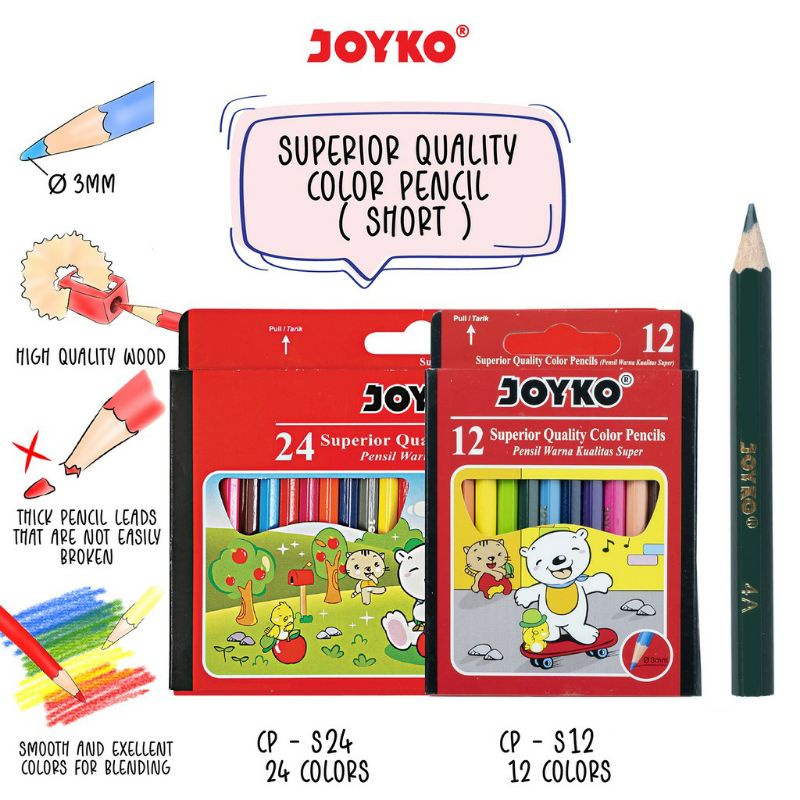 

Pensil Warna Pendek 12 warna Joyko CP-12S