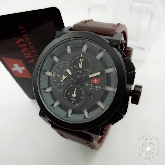 Jam Pria SA Swiss Army 2263 leather Dark Brown Original