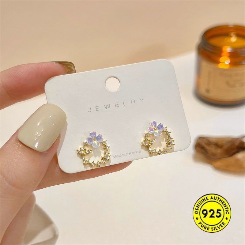 Anting Tusuk Sterling Silver Desain Bunga Hias Zircon AAA Gaya Korea Untuk Wanita