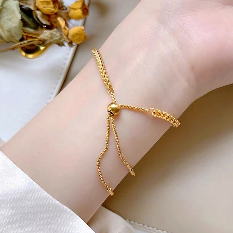 Gelang serut Titanium Wanita Anti Karat dan anti luntur Bracelet Adjustable Premium Emas 18k