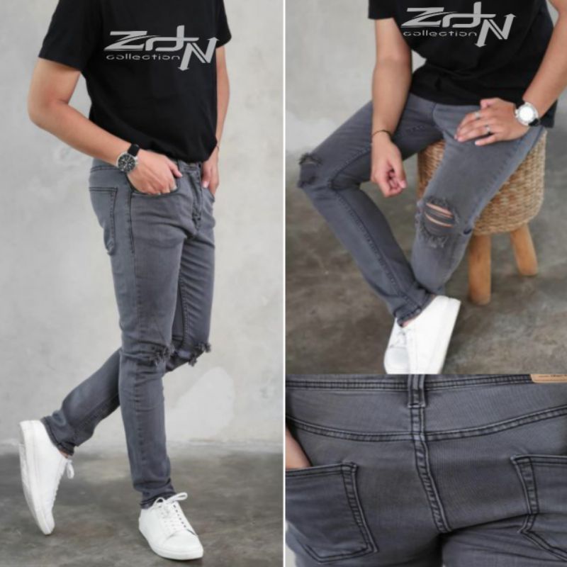 Celana jeans pria sobek lutut ripped panjang jeans softjeans streetch premium / Anyar batik