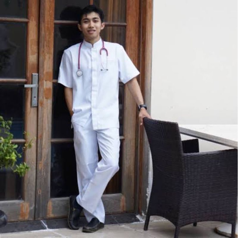 Baju jaga laki-laki,  baju perawat Pria putih lengan pendek,  baju scrubs, bahan standar medis