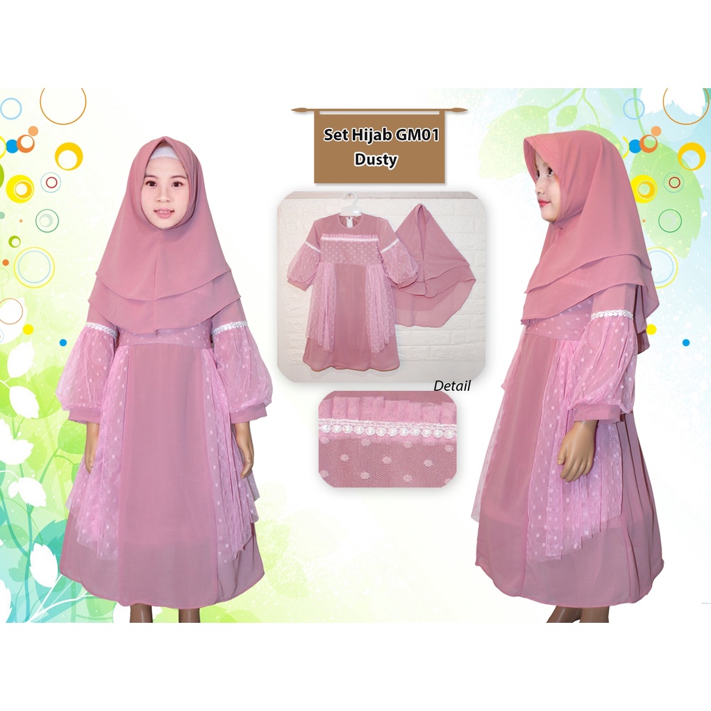 Hijab GM 01 GM 03/Dress Muslim Anak/Baju Gamis Anak Perempuan+GRATIS Kerudung/Busana Muslim Anak Motif Polkadot/Maxi Dress Hijab Anak