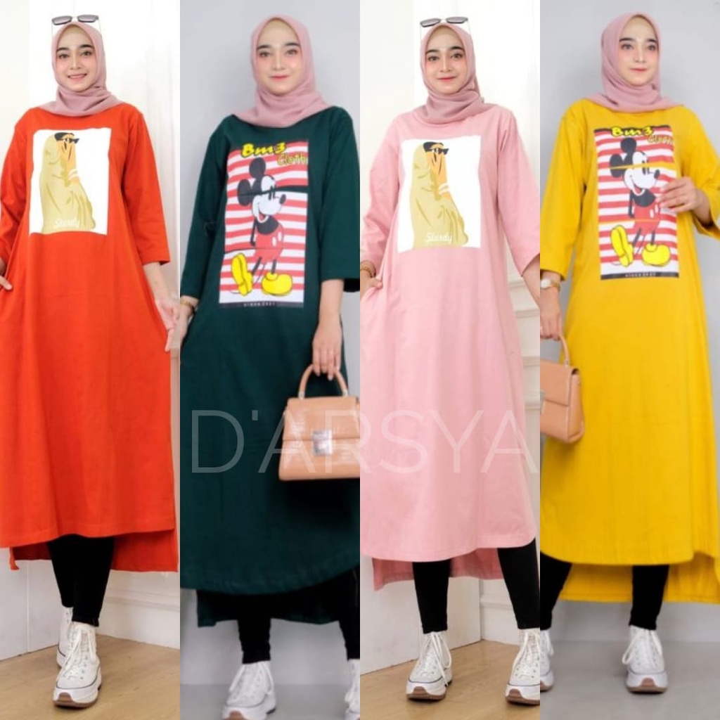 Midi Dress Bahan Kaos Import Terbaru Long Tunik Combed Motif Korean Style Long Dress Wanita