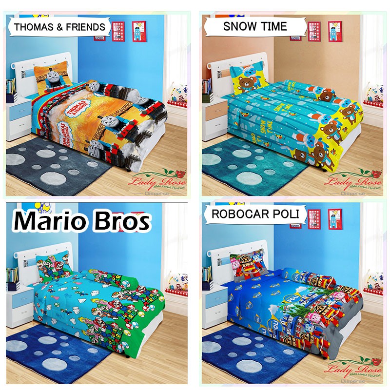 Sprei 120x200 LADY ROSE motif Robocar Poli Mario bros Kereta Snow time Bus Dawson Veranda Vania Monstera - Single 120 SP anak