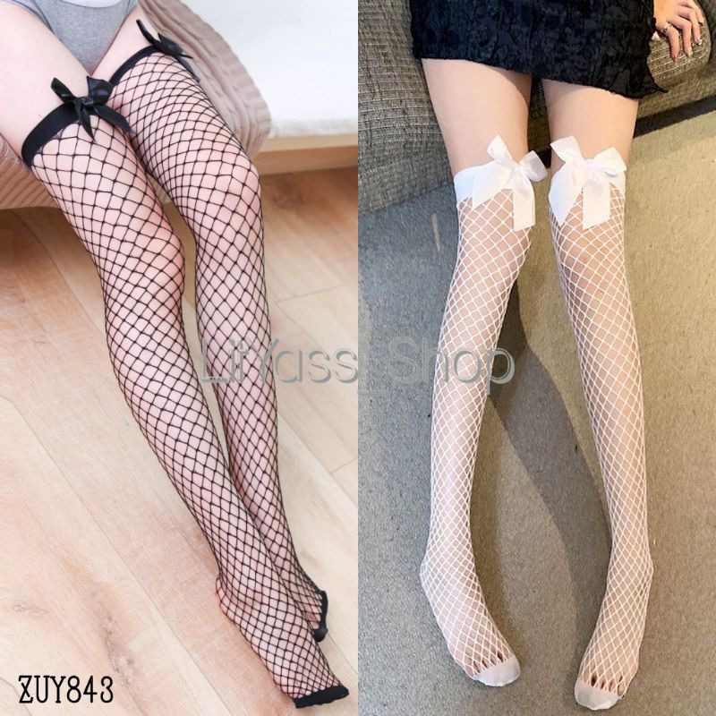 Leg Stocking Fishnet Top Bow Stocking Jaring Stocking Jala Hitam Putih Stocking Kaki