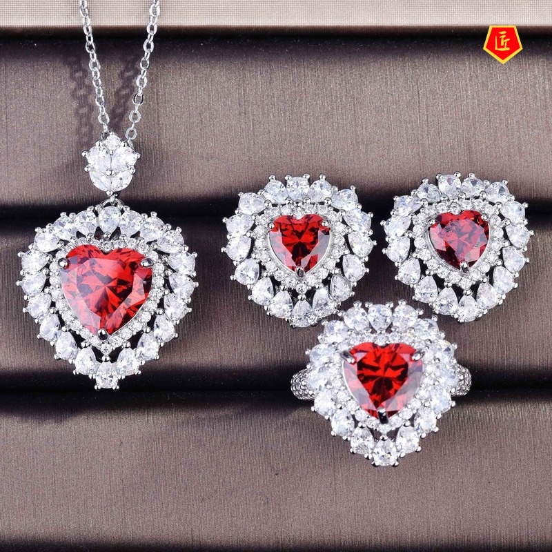 [Ready Stock]Heart-Shaped Natural Red Garnet Necklace Ring Earings Set