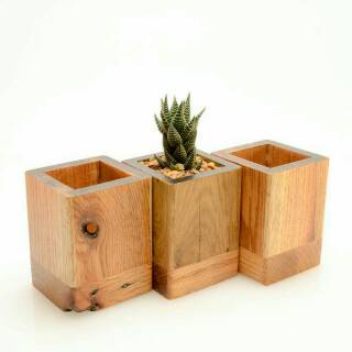 Set pot  bunga kubus tiga pcs dari kayu jati tinggal pakai  