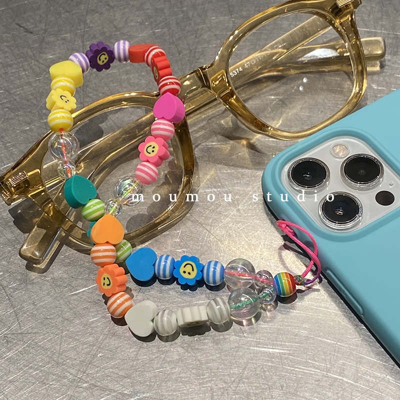 Tali Lanyard Rantai Manik-Manik Akrilik Motif Bunga Warna-Warni Anti Hilang Untuk Case Hp