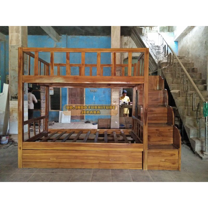 tempat tidur dipan tingkat susun untuk anak kayu jati tangga laci